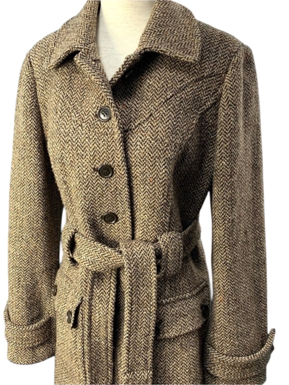 LOFT Trench Coat Herringbone Tweed Belted in Brown Size 6P - Picture 7 of 8
